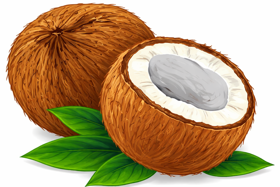 Coconut with a half-cut revealing white flesh and gray core, surrounded by green leaves on a white background.
